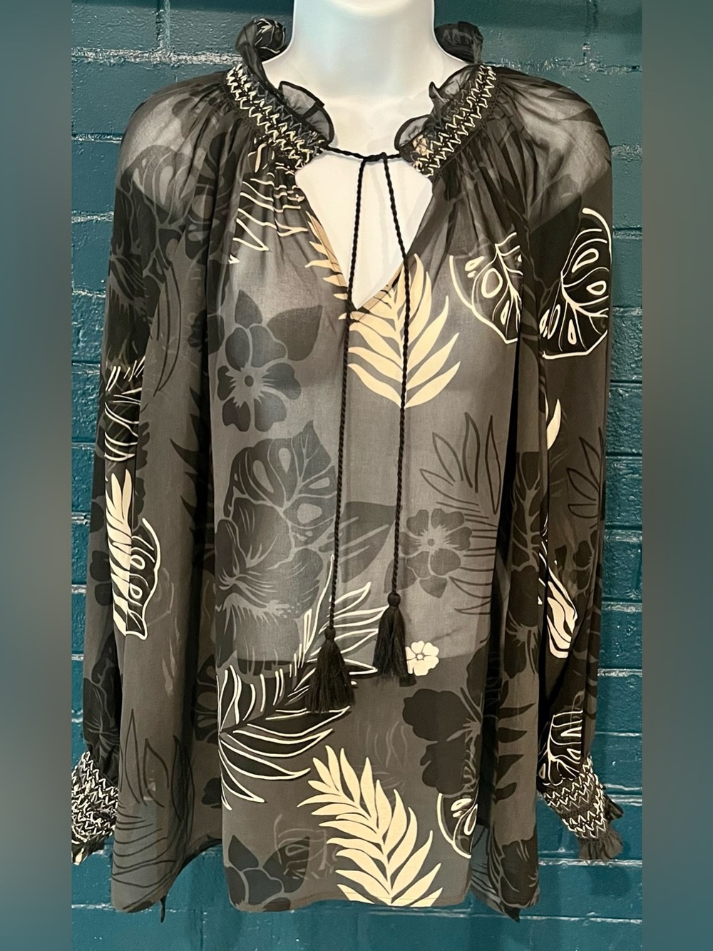 Women's Black Floral Sheer Tie-Neck Swim Cover-Up